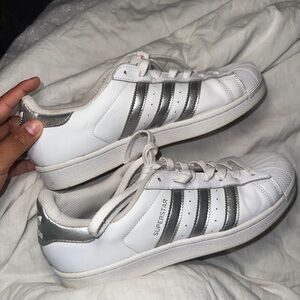 ADIDAS SUPERSTARS WHITE AND SILVER - WOMENS SIZE 9